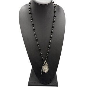 Sisi Amber Black Ball Beaded Pave Rhinestone Pendant Chain Necklace Silver Tone